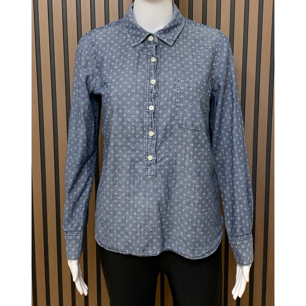 J.Crew Women's Blue Polka Dot 100% Cotton Popover Shirt Long Sleeve S Classic